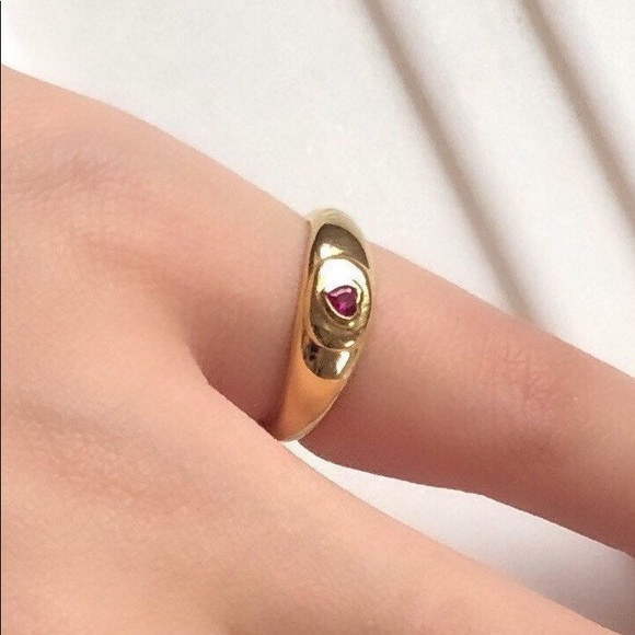Dainty Pink Heart Stone Signet Ring, Ruby Heart - Picture 9 of 12